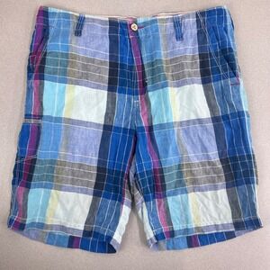 Tommy Bahama Relax‎ Shorts Mens 34 Blue Plaid 100% Linen Tropical Vacation